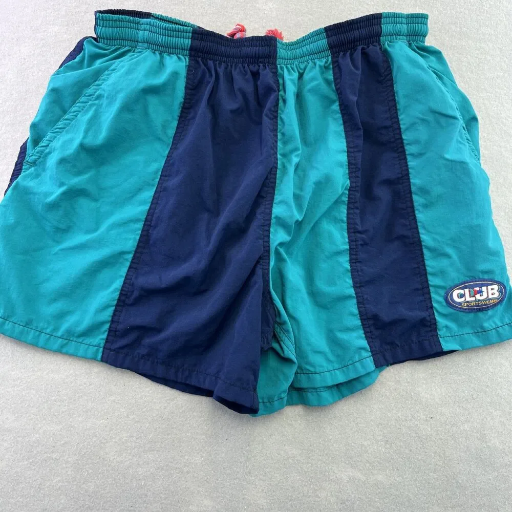 Club Sportswear Swim Trunks USA Made 80s 90s M Teal Navy Unisex Colorblock VTG